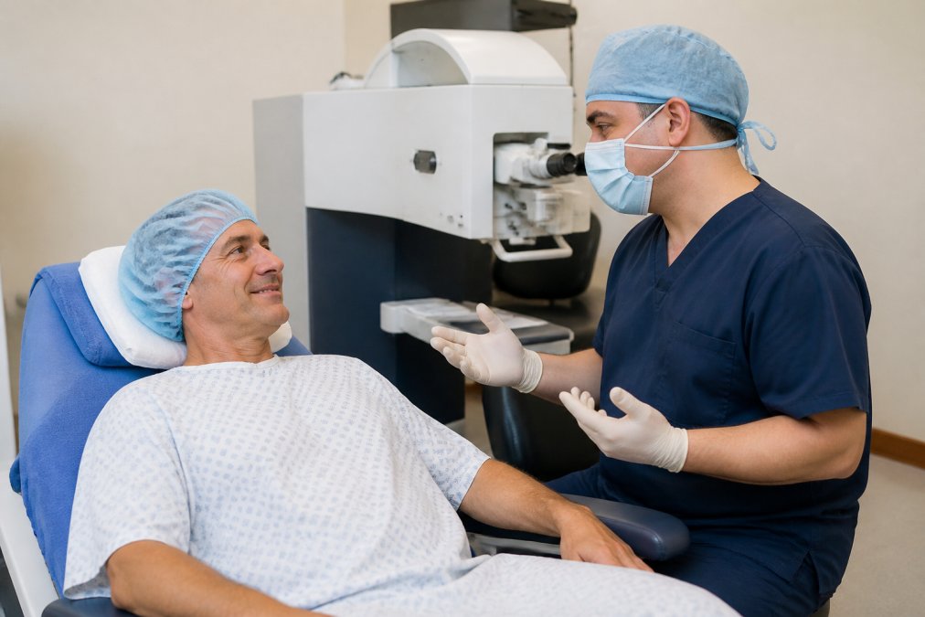 Step-by-step visual guide for calm and smiling and middle-aged concepts for eye surgery anxiety
