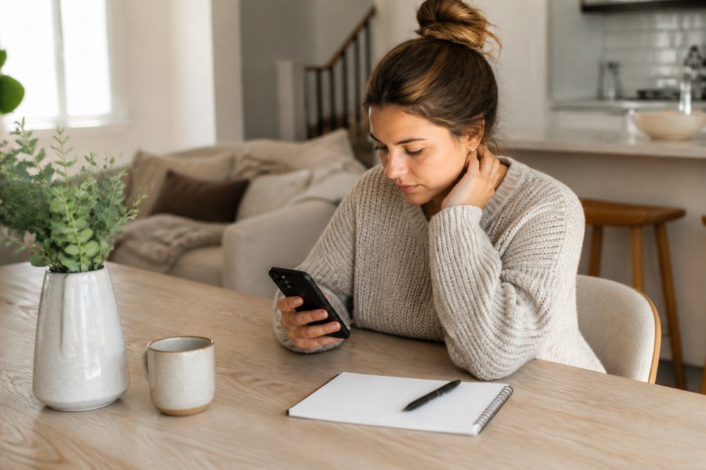 Woman at home on her smartphone during a coffee break, focused on her screen, with a notebook and pen beside her on a light wooden desk