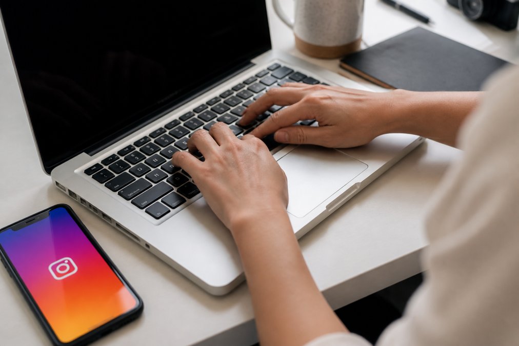 Close-up of hands typing on a laptop keyboard with a smartphone displaying Instagram next to it, suggesting content creation workflow