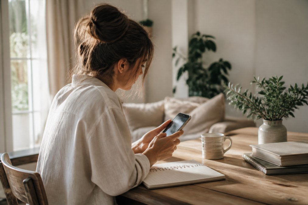 Woman working on smartphone at home with coffee and notebook, focused on creating social media content in natural morning light