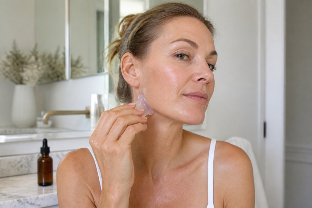 Woman in her 40s using a silicone cup for facial cupping on her jawline in a bright bathroom.