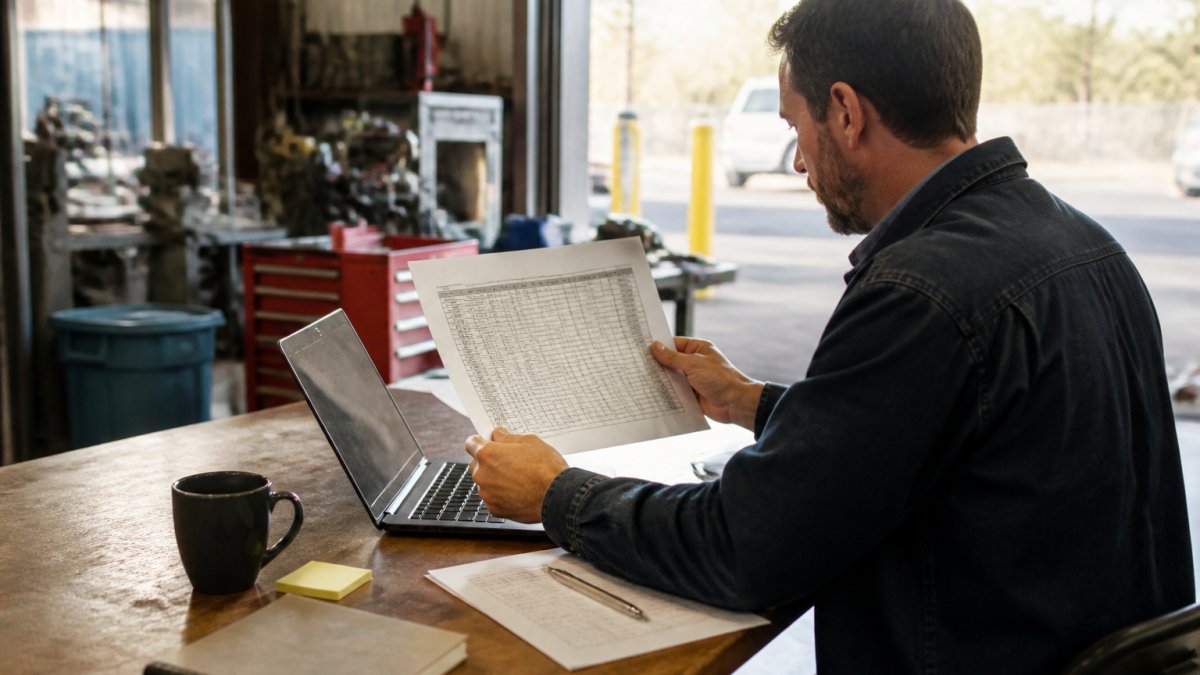 Facility manager comparing printed spreadsheets to a digital facility maintenance software dashboard on a laptop