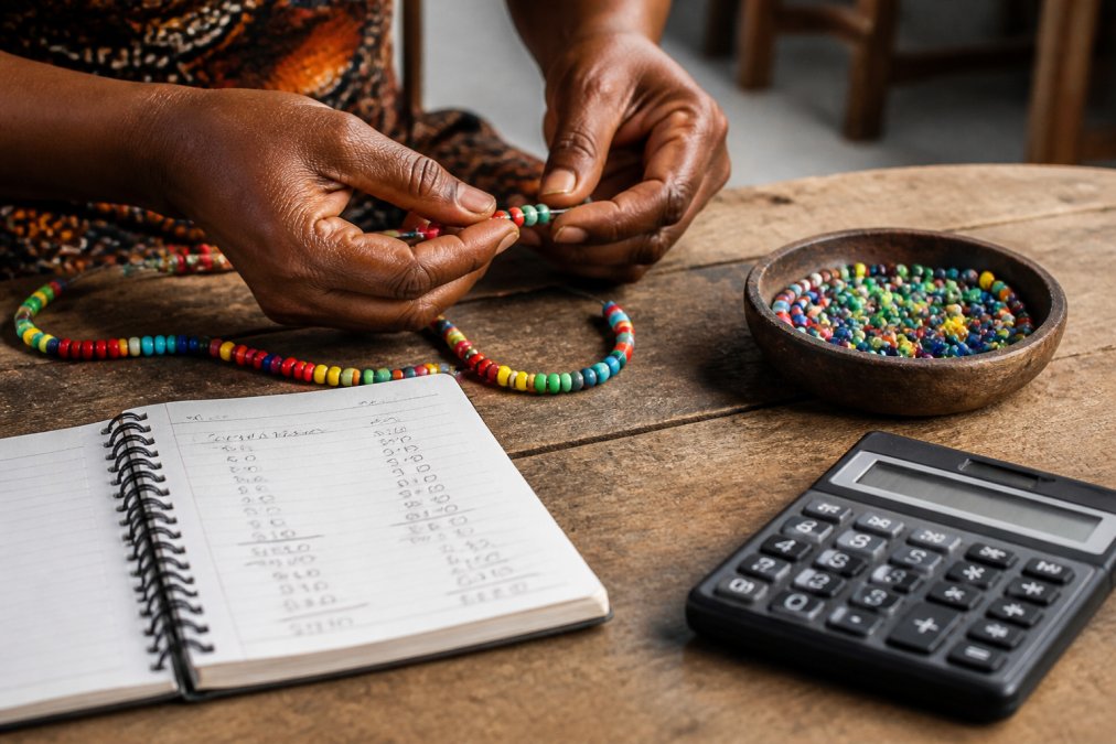 Close-up of an artisan's hands carefully stringing colorful beads onto a necklace, with a notebook showing handwritten cost calculations and a calculator nearby on a wooden workbench, warm natural light