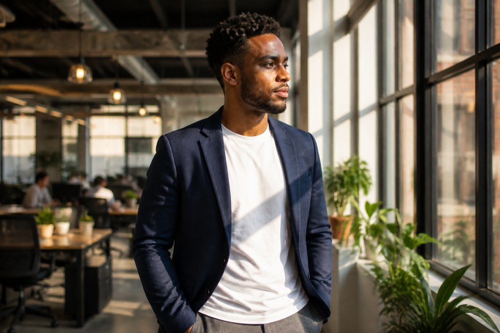 A young professional wearing a simple faith-based t-shirt layered under a navy blazer, standing in a casual open-plan office with warm afternoon light through large windows