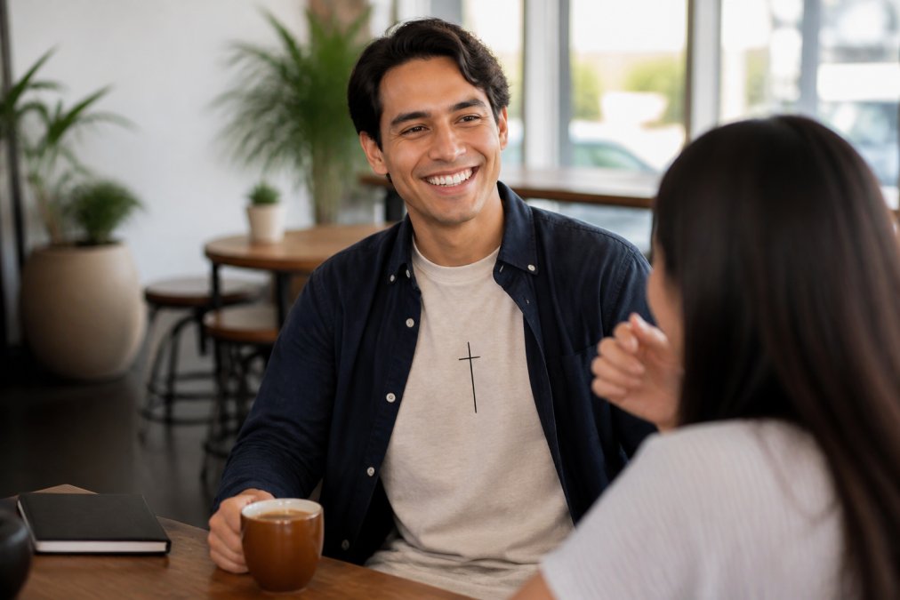 A young adult wearing a minimalist Christian graphic tee layered under an open button-down shirt, standing in a bright casual setting, looking relaxed and confident