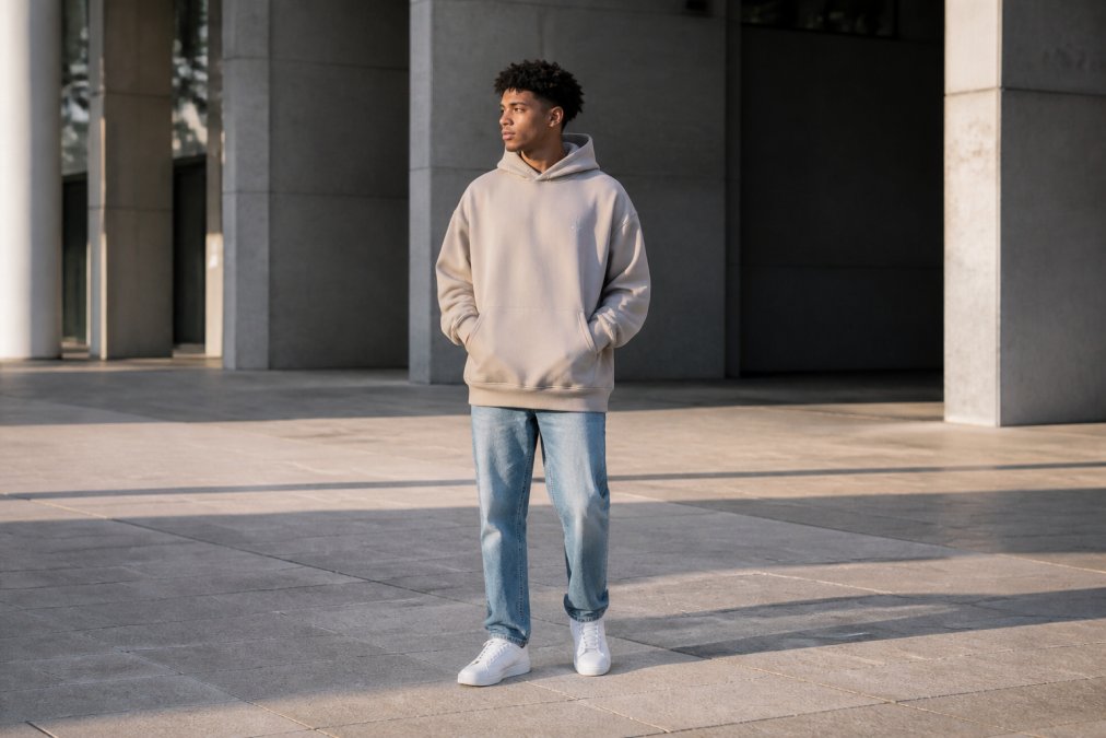 A young adult wearing an oversized neutral-toned hoodie with a small, subtle chest logo, paired with clean jeans and white sneakers, standing in a sunlit urban plaza with concrete architecture behind them