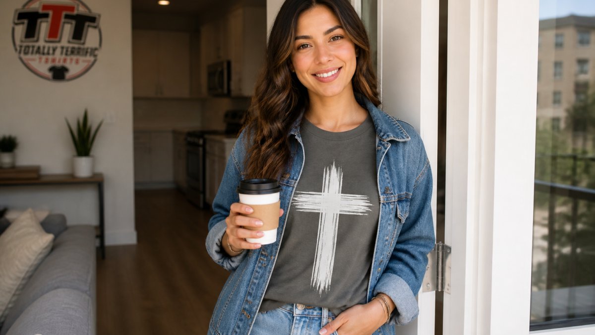 A young woman in a faith-themed graphic tee layered under an open denim jacket, standing in a bright apartment doorway, casually holding a coffee cup