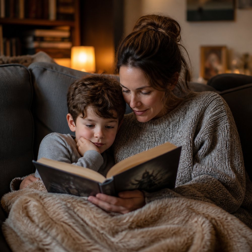 Parent and young child reading a hardcover book together under a blanket by warm lamplight on a cozy couch.