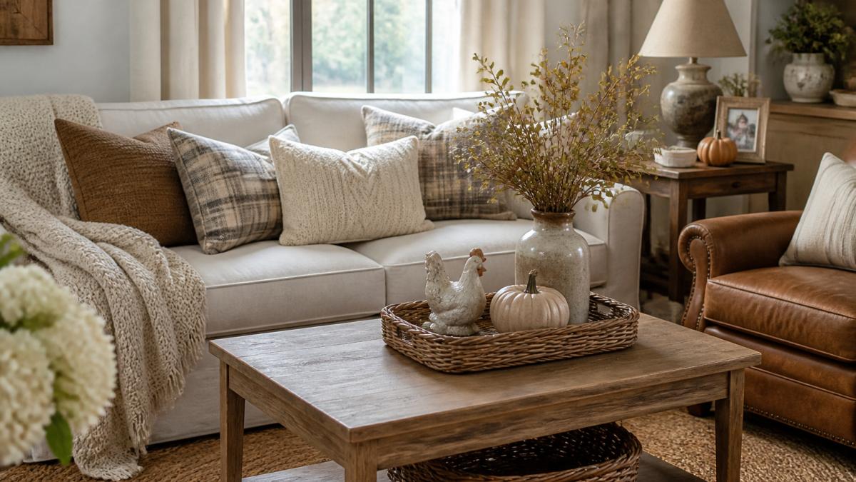 A cozy modern farmhouse living room with a braided jute rug, warm wood furniture, a cream interchangeable pillow on a linen sofa, and soft natural light through a window