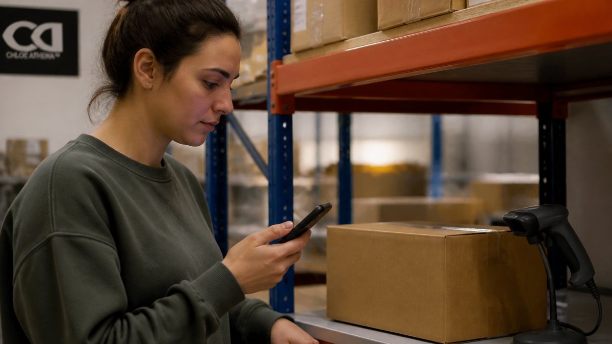 Person checking their phone for a shipping notification while a cardboard box sits on a warehouse shelf with scanning equipment visible in the background, showing the gap between order placement and carrier pickup