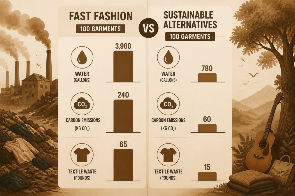 Bar chart comparing water consumption (gallons), carbon emissions (kg CO2), and textile waste volume for fast fashion production of 100 garments vs. sustainable alternatives