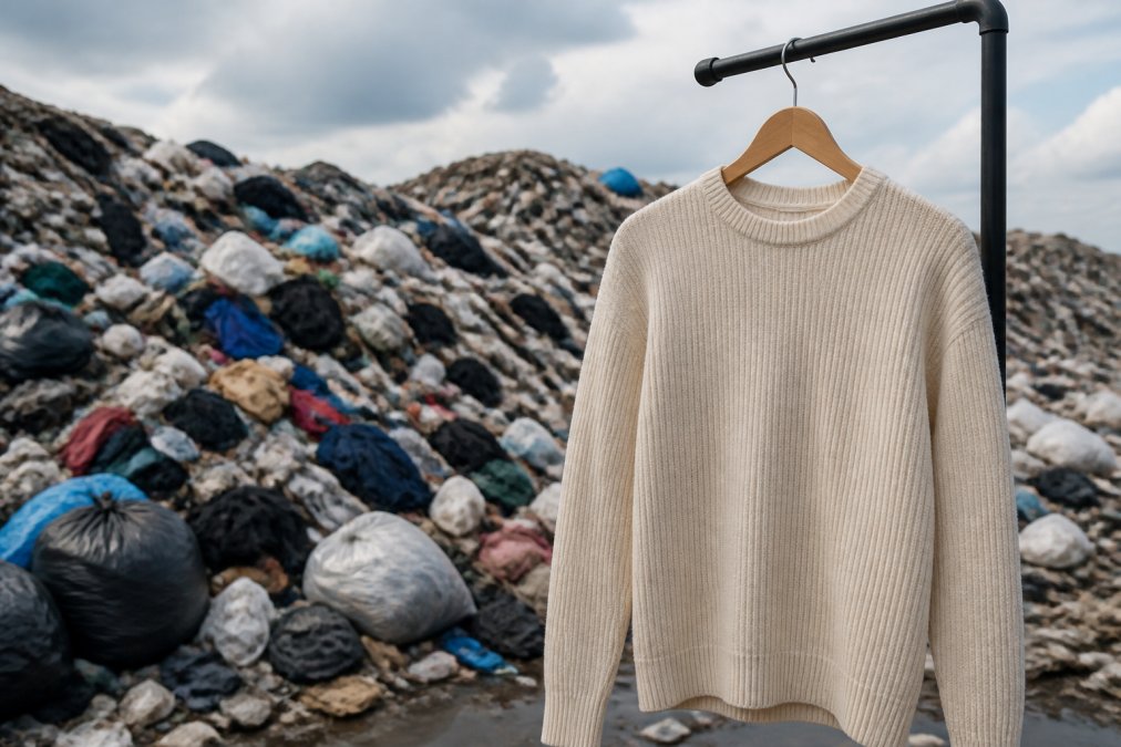 A large pile of discarded clothing in a landfill, with a contrast of a single well-made garment on a hanger in the foreground, showing the difference between disposable and durable fashion