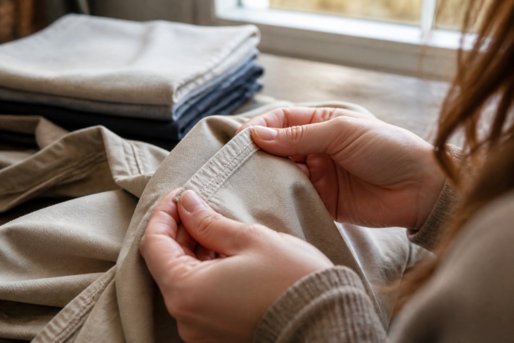 Close-up of hands inspecting fabric seams and stitching details on a quality garment, showing tight, even stitching patterns under natural window lighting