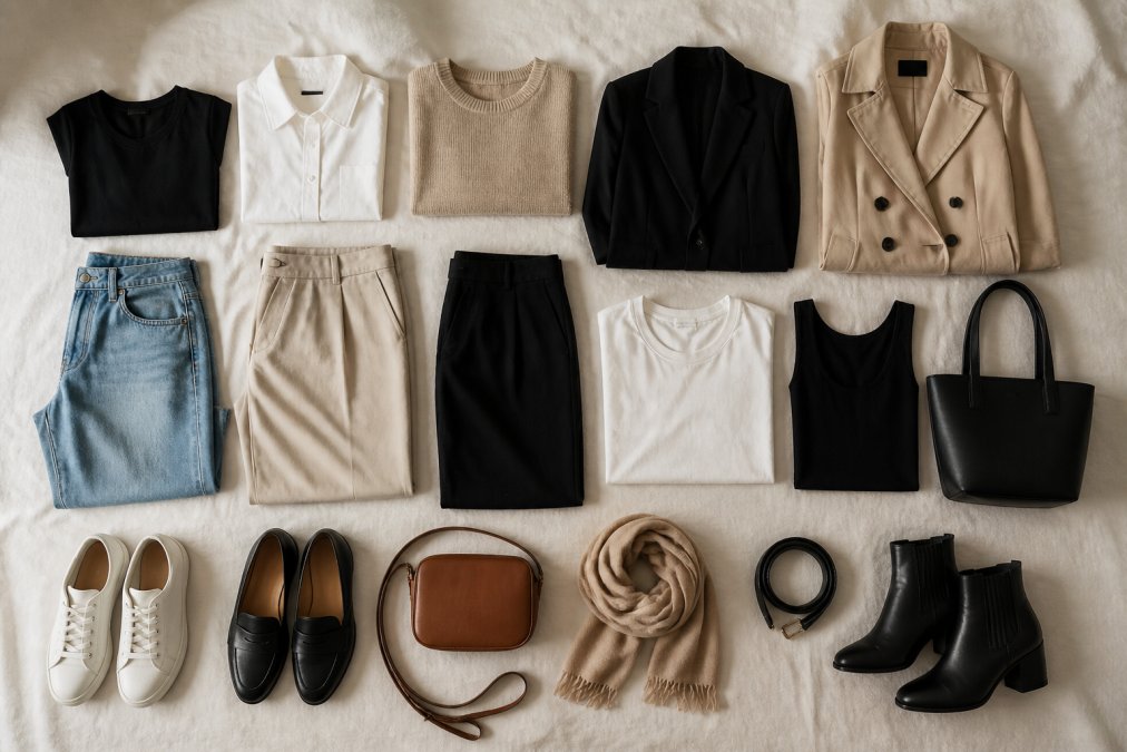 Curated collection of neutral, versatile clothing pieces laid flat on a light background, showing how fewer quality items in complementary colors create multiple outfit combinations