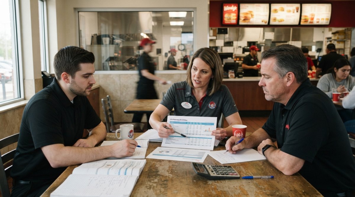 Modern fast food restaurant interior with digital menu boards and advanced drive-thru technology in operation, showing customers ordering at a sleek counter with illuminated displays and a team member managing the digital system