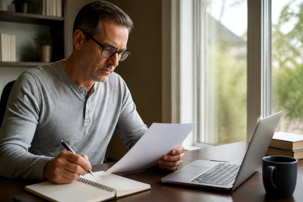 Real estate investor reviewing licensing documents and credentials on laptop in home office with notebook and pen, natural window lighting