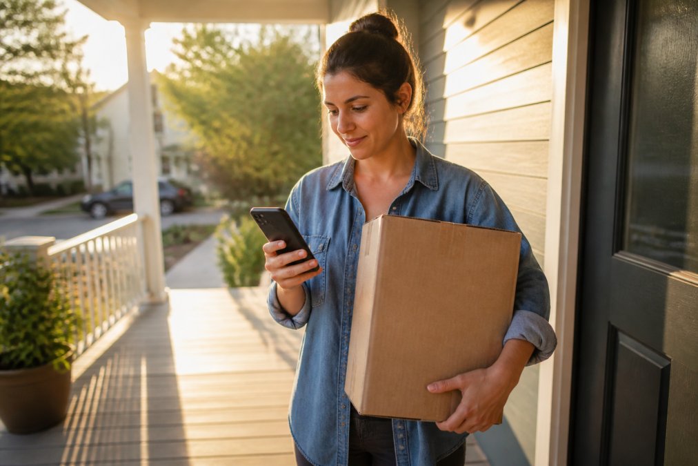 A customer holding a cardboard shipping box at their front door while checking a smartphone for tracking updates, warm afternoon sunlight casting long shadows on the porch