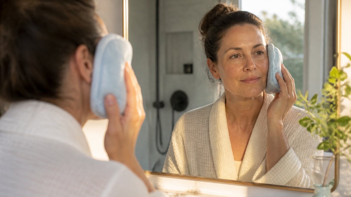 Woman in her 40s using a cold compress on her face to manage swelling during fat grafting recovery at home.