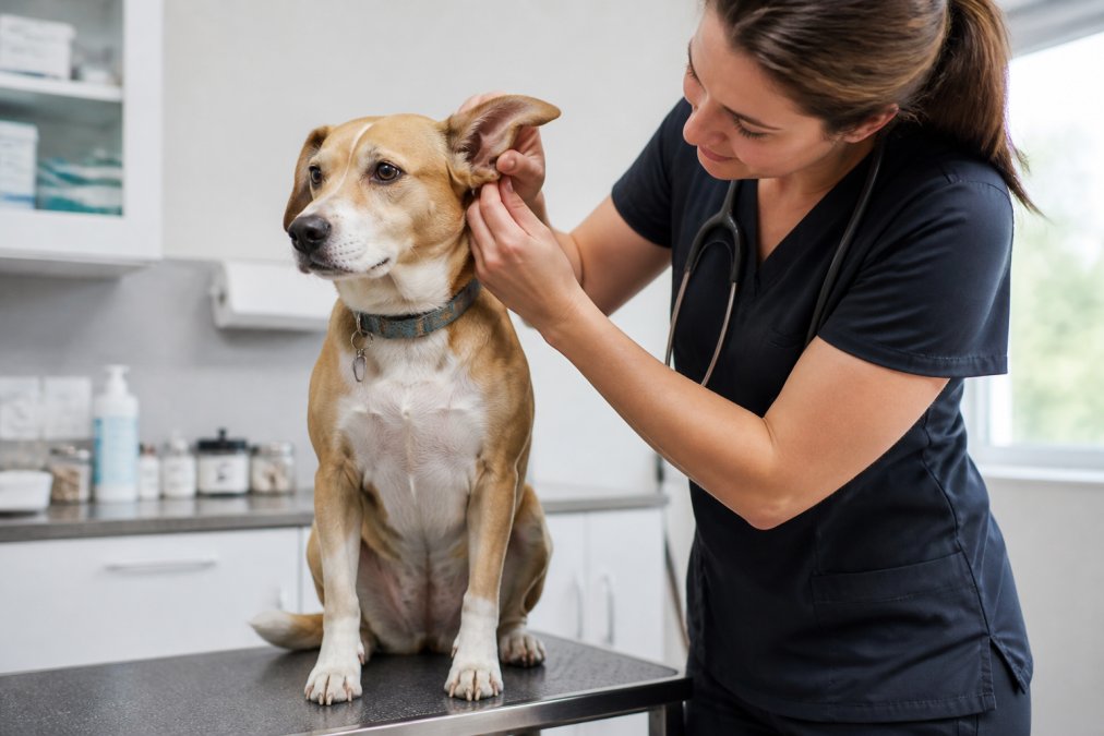 A calm dog sitting on an examination table with a veterinarian gently examining its ear, with soft lighting and a reassuring hand gesture visible