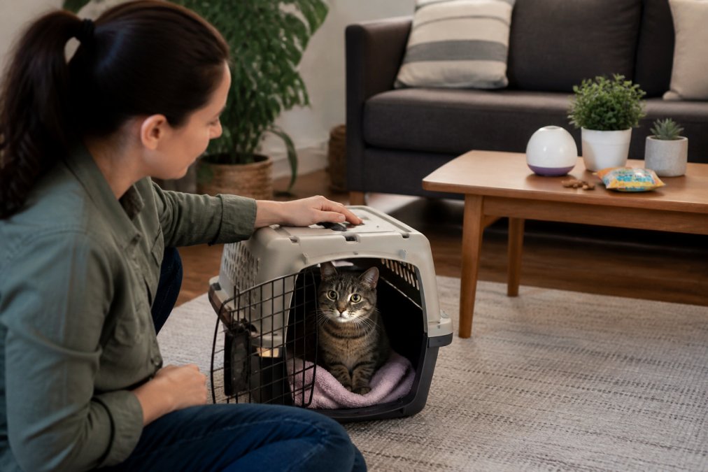 A pet owner sitting with their cat in a carrier at home, with treats and a calming pheromone diffuser visible in the background