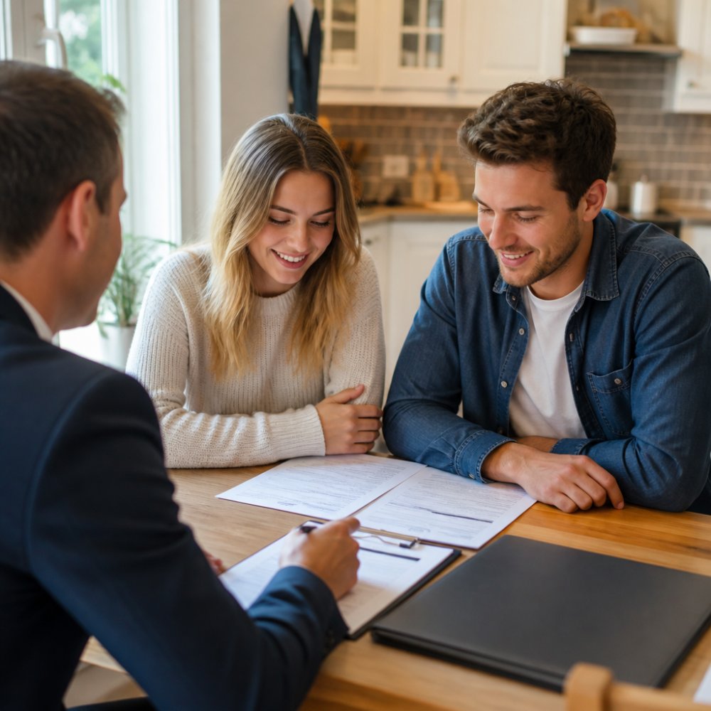 A young couple sitting at a kitchen table with a real estate agent, reviewing paperwork and a laptop showing a mortgage pre-approval, warm natural light through the window