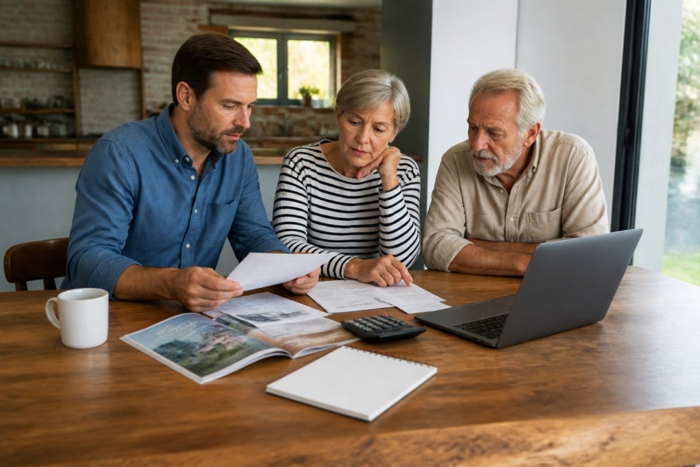 A family sitting together at a table reviewing paperwork and brochures with a laptop open, discussing end-of-life planning in a warm, well-lit home setting