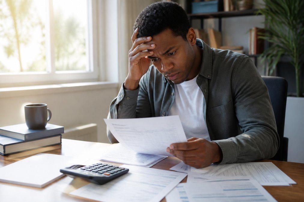 Person sitting at desk reviewing financial documents and a calculator with concerned expression, examining loan paperwork and credit reports in home office with natural window lighting