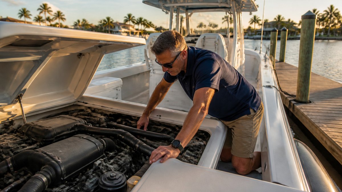 Marine surveyor inspecting engine components on a used center console at a Palm Beach dock during golden hour