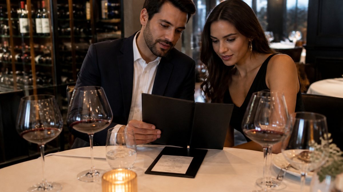 An elegantly set fine dining table with a printed check folder and wine glasses, soft candlelight, showing a couple reviewing their bill