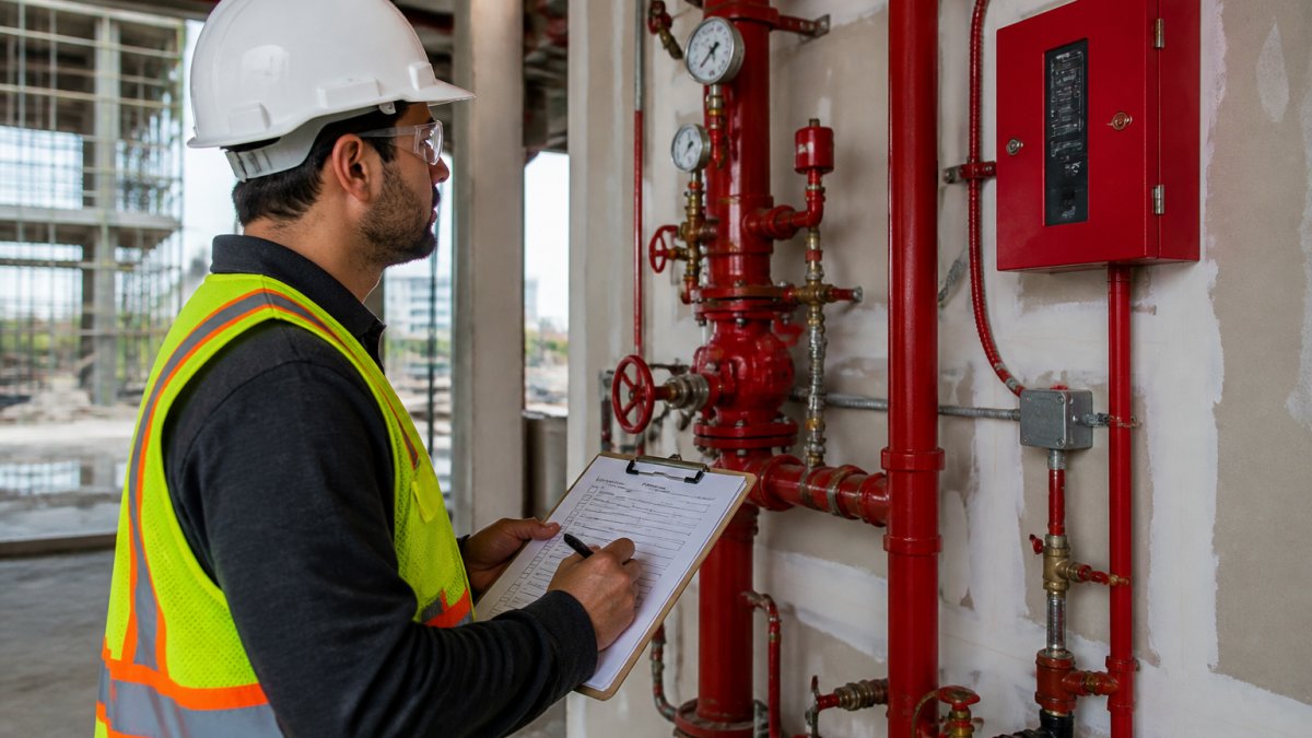 A contractor in a hard hat and safety vest holding a clipboard checklist while standing in front of an exposed sprinkler riser and red fire alarm panel inside a building under construction