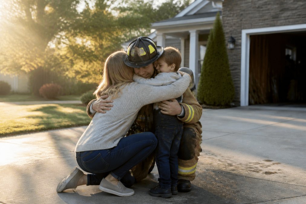 A firefighter in full uniform crouching down to hug his young child and partner outside their suburban home after a long shift, warm early morning sunlight filtering through the trees