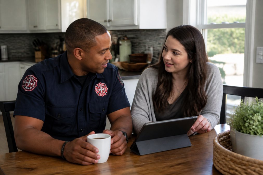 A couple sitting at a kitchen table together, reviewing a shared family calendar on a tablet, relaxed and engaged in conversation over coffee, soft natural light from a nearby window