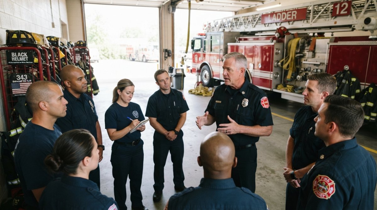 Fire chief or senior officer leading a station briefing with firefighters gathered around discussing protocols and values in a firehouse bay, with natural light streaming through bay doors and equipment visible in background