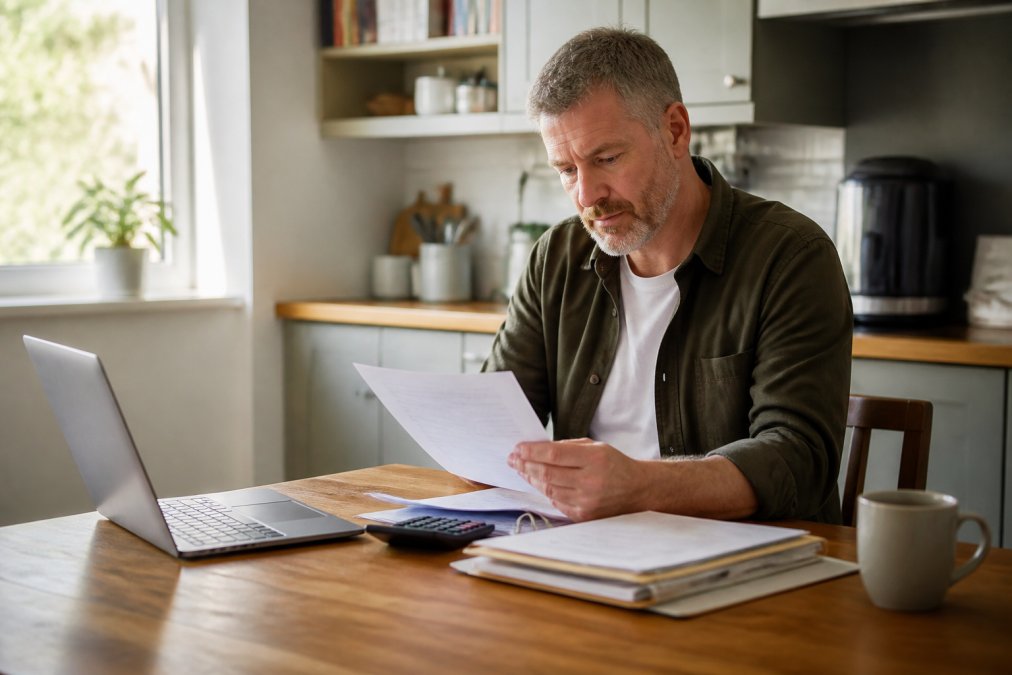A homeowner in their forties reviewing remortgage paperwork at a kitchen table, laptop open, calculator and a mug of tea beside a folder of documents, soft morning light through a window