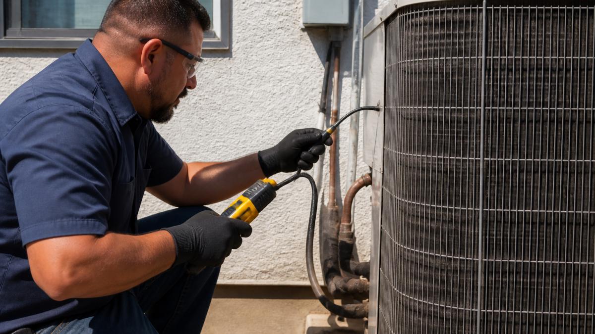 Professional HVAC technician using electronic leak detection equipment on outdoor AC condenser unit, inspecting copper refrigerant lines in bright daylight
