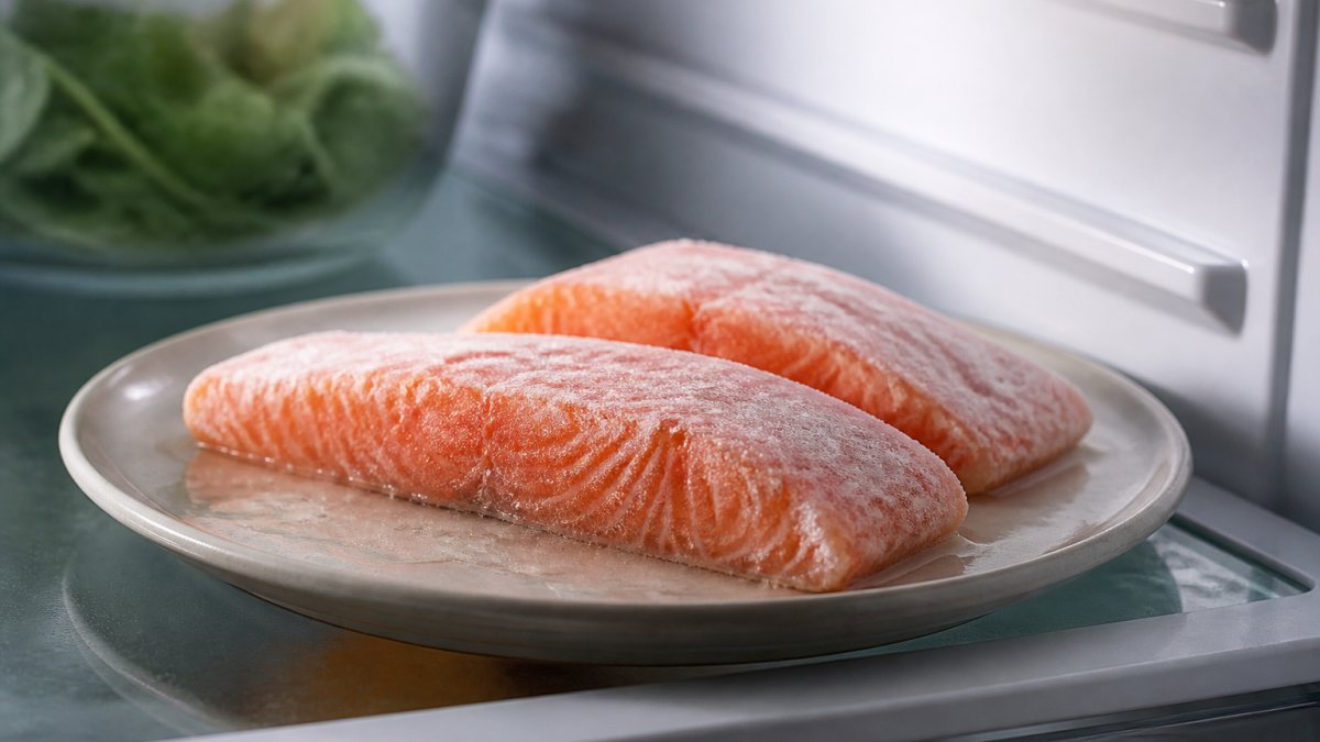 Close-up of frozen salmon fillets in refrigerator on a plate with water, showing proper thawing setup in a home kitchen with morning light