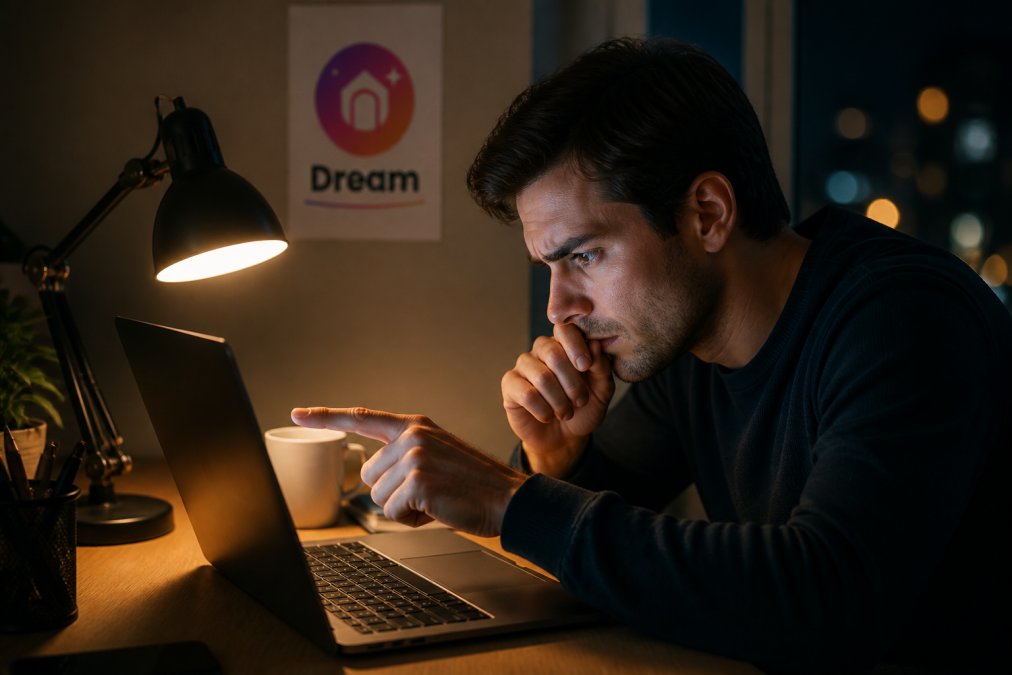 A person sitting at a desk at night, leaning toward a laptop screen with a concerned expression, pointing at a suspicious website address in the browser bar, warm desk lamp lighting the keyboard