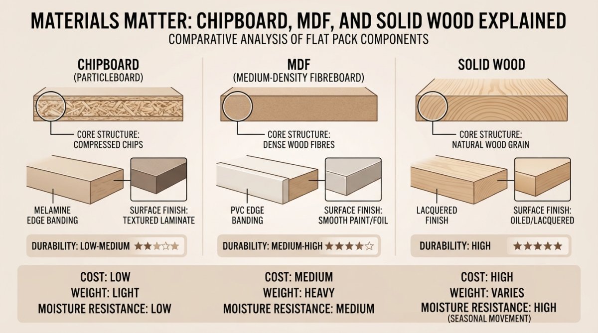 Close-up of different wood materials and edge banding on flat pack furniture components, showing texture and finish quality differences