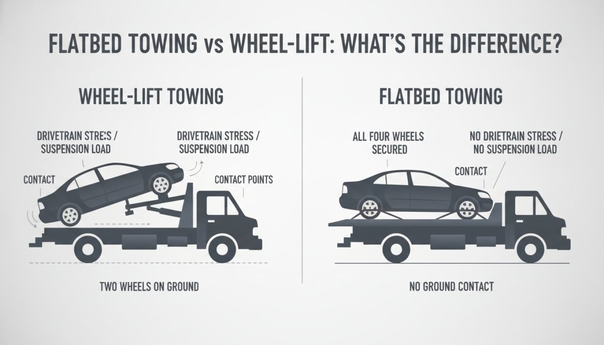 Side-by-side diagram showing wheel-lift towing with two wheels elevated and two wheels on ground versus flatbed towing with all four wheels secured on flat platform, labeled with drivetrain, suspension, and contact points