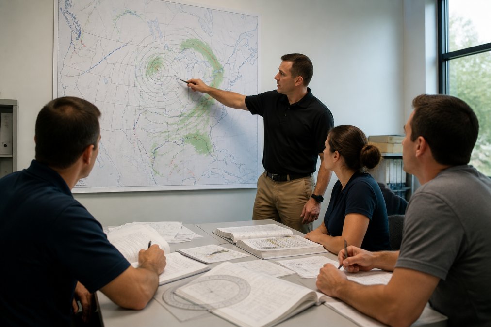 A small group of adult students in a bright classroom looking at aviation weather maps on a large screen while an instructor points at a low-pressure system