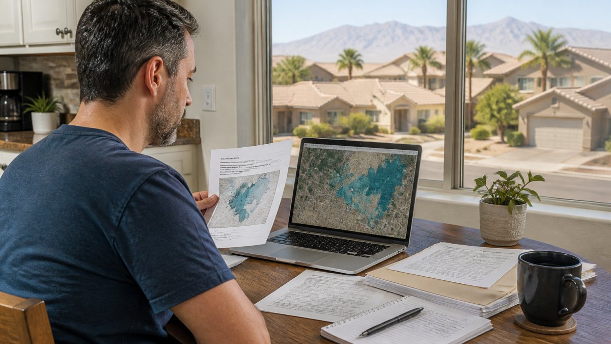 A homeowner reviewing flood zone maps and insurance documents on a laptop at a kitchen table, with a Las Vegas residential neighborhood visible through the window
