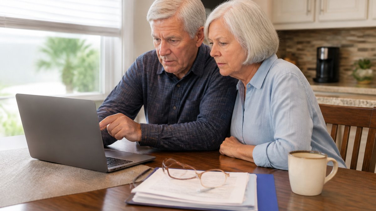 A senior couple reviewing a FEMA flood map printout on a laptop at their kitchen table, reading glasses and a folder of property documents beside a coffee mug, soft morning light through the window