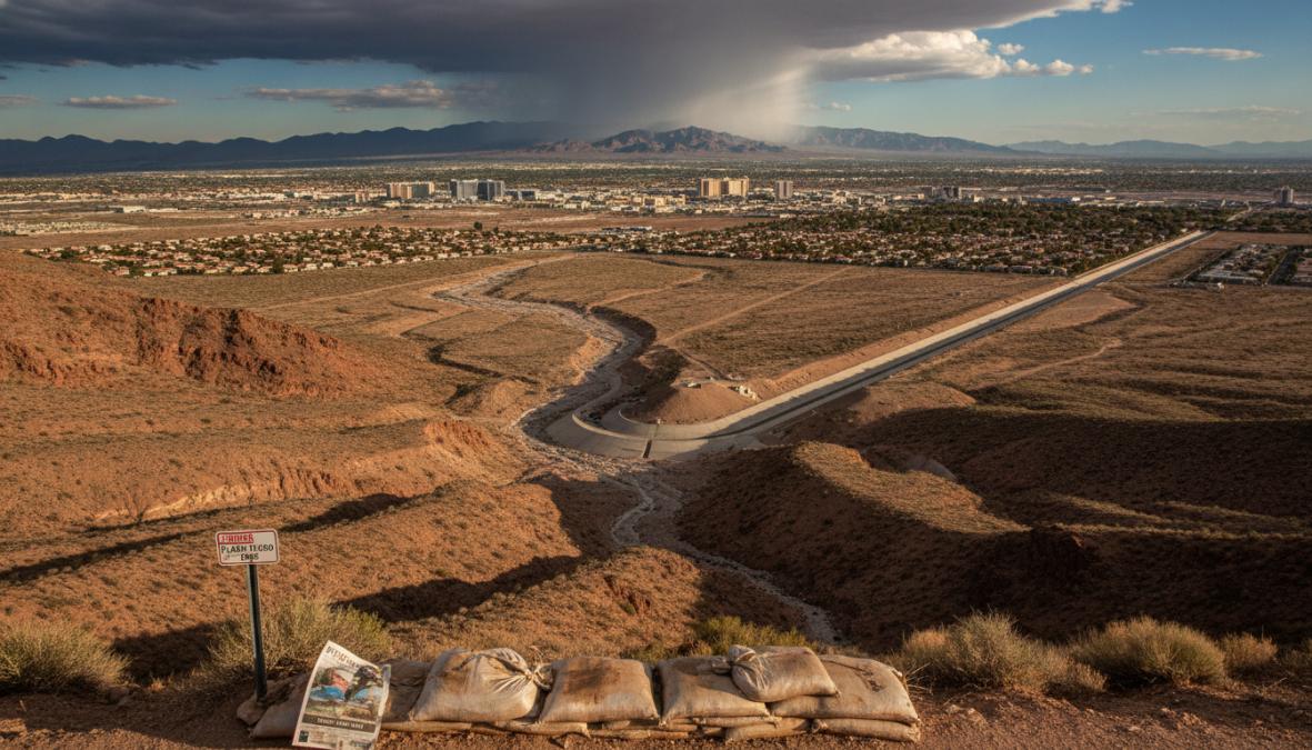 Aerial view of Las Vegas valley during monsoon season with dark storm clouds gathering over residential neighborhoods and desert terrain