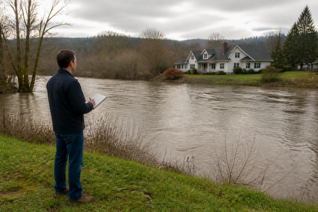 A homeowner standing on a grassy riverbank looking at a house near the Snohomish River under an overcast sky, with a notebook in hand, assessing local flood risk