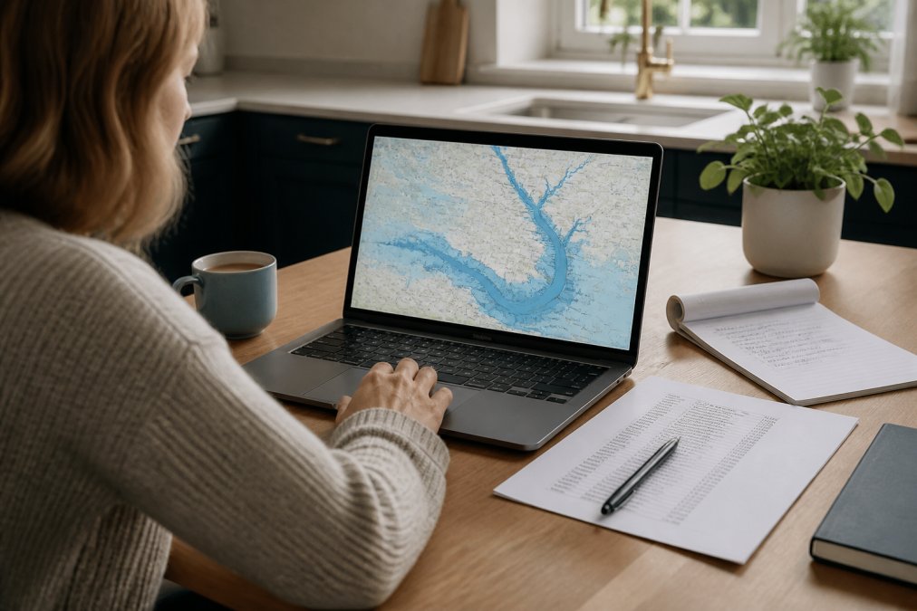 A person at a kitchen table with a laptop open on a flood map page, a printed postcode list and a pen beside the keyboard, natural daylight from a window