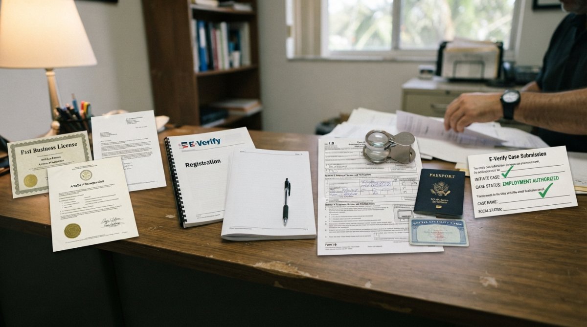 Small business owner or HR professional at desk reviewing employment documents and using computer to access E-Verify system with focus on compliance paperwork and screen interface
