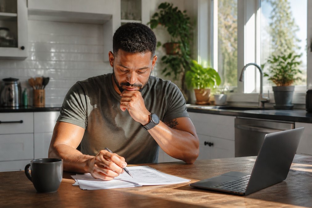 Homeowner reviewing insurance documents at kitchen table with laptop and pen, natural sunlight streaming through window, thoughtful expression