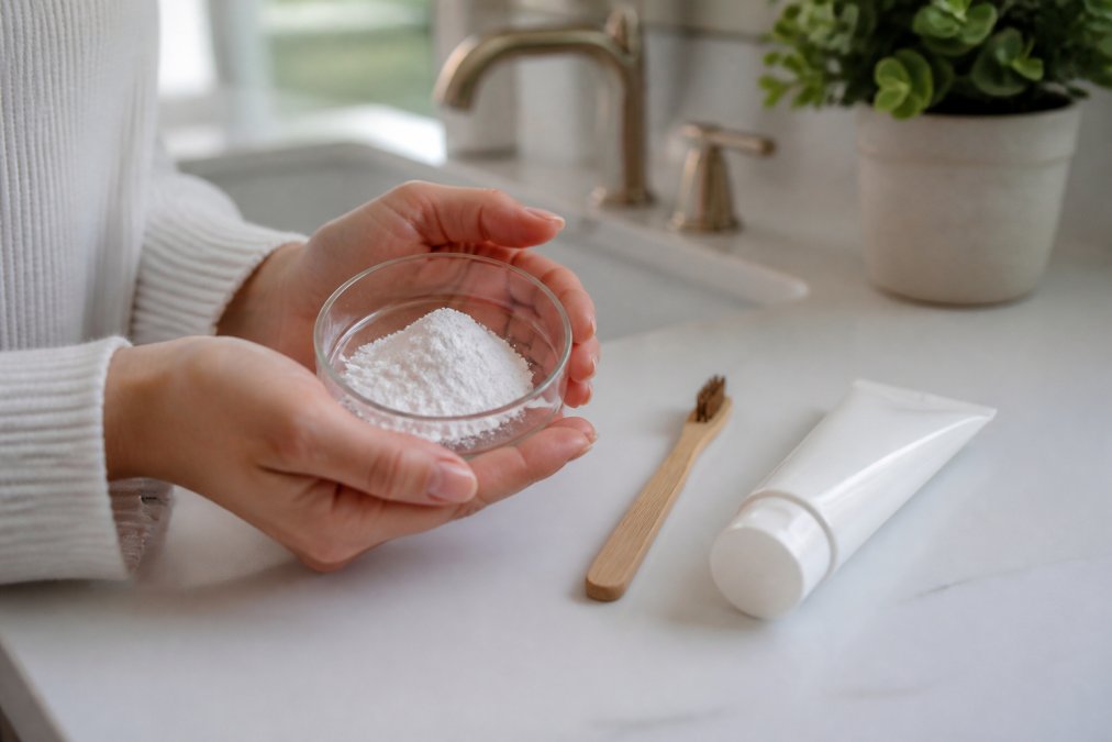 Hands holding hydroxyapatite powder next to a toothbrush and tube of fluoride-free toothpaste on a vanity.