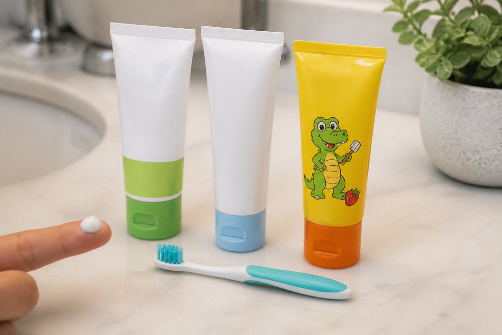 Three tubes of fluoride toothpaste for toddlers beside a soft toothbrush and a pea-sized smear of paste.