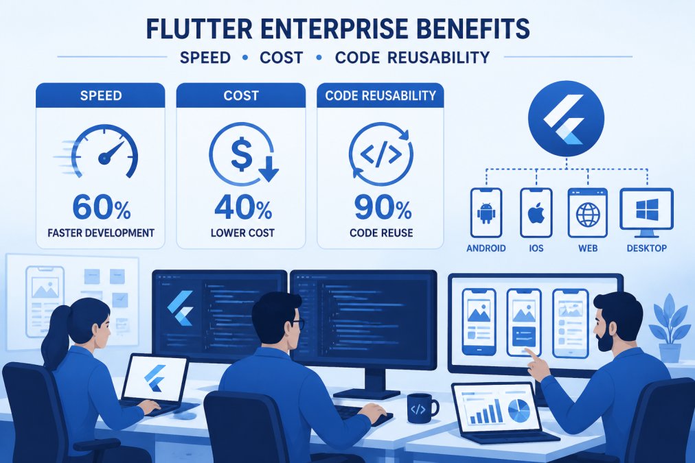 Illustration showing the benefits of is flutter worth it for enterprise app development 2026